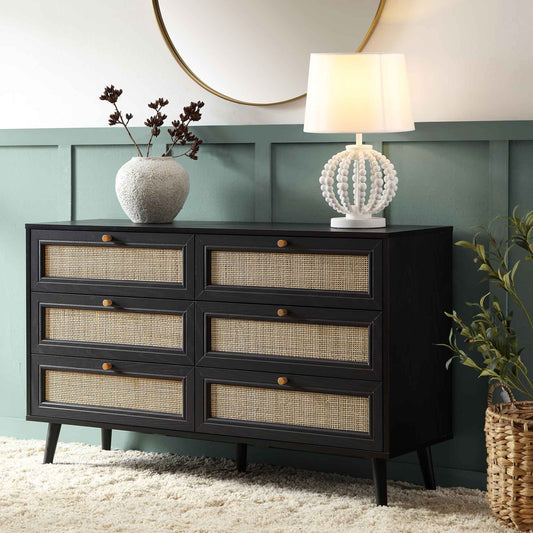 Commode 6 tiroirs en rotin tressé Frances, noire