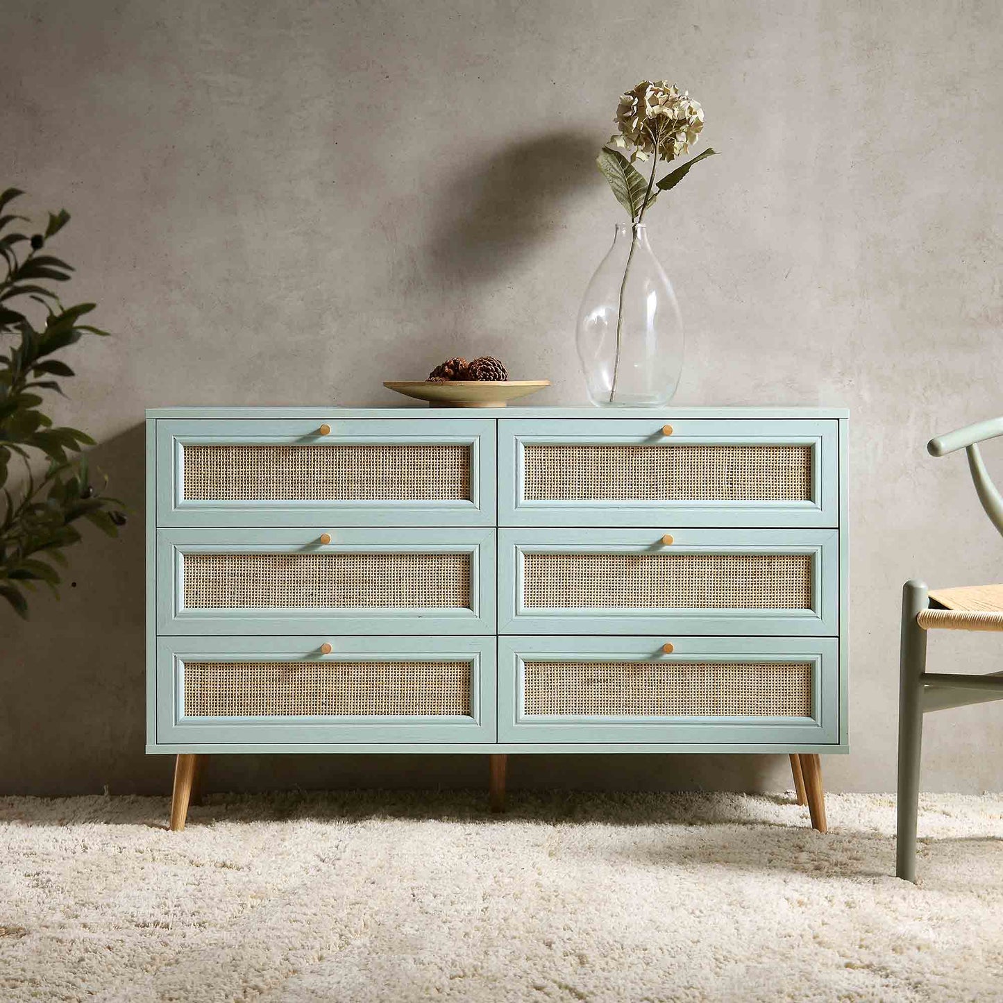 Commode 6 tiroirs en rotin tressé Frances, menthe