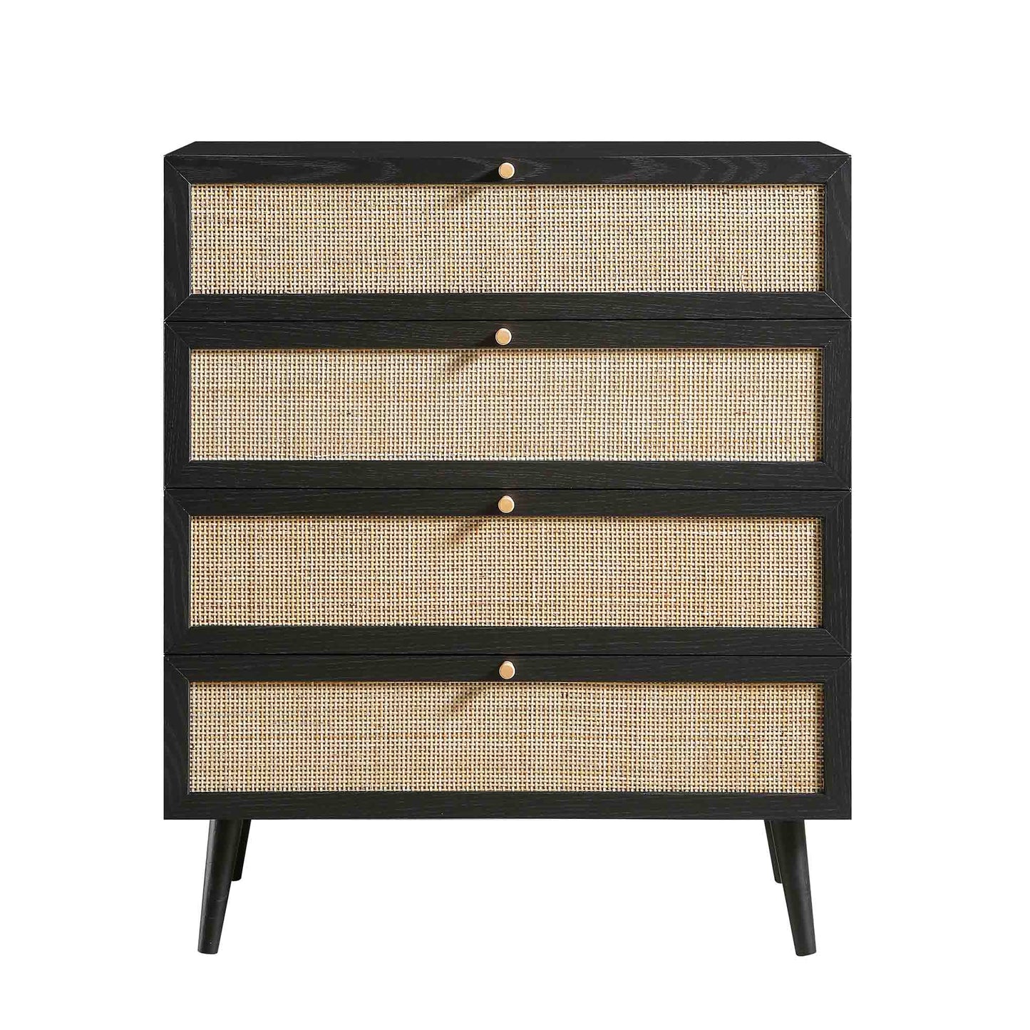 Commode haute à 4 tiroirs en rotin tressé Frances, noire