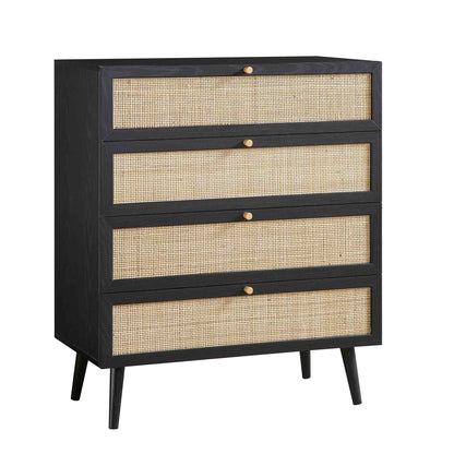 Commode haute à 4 tiroirs en rotin tressé Frances, noire