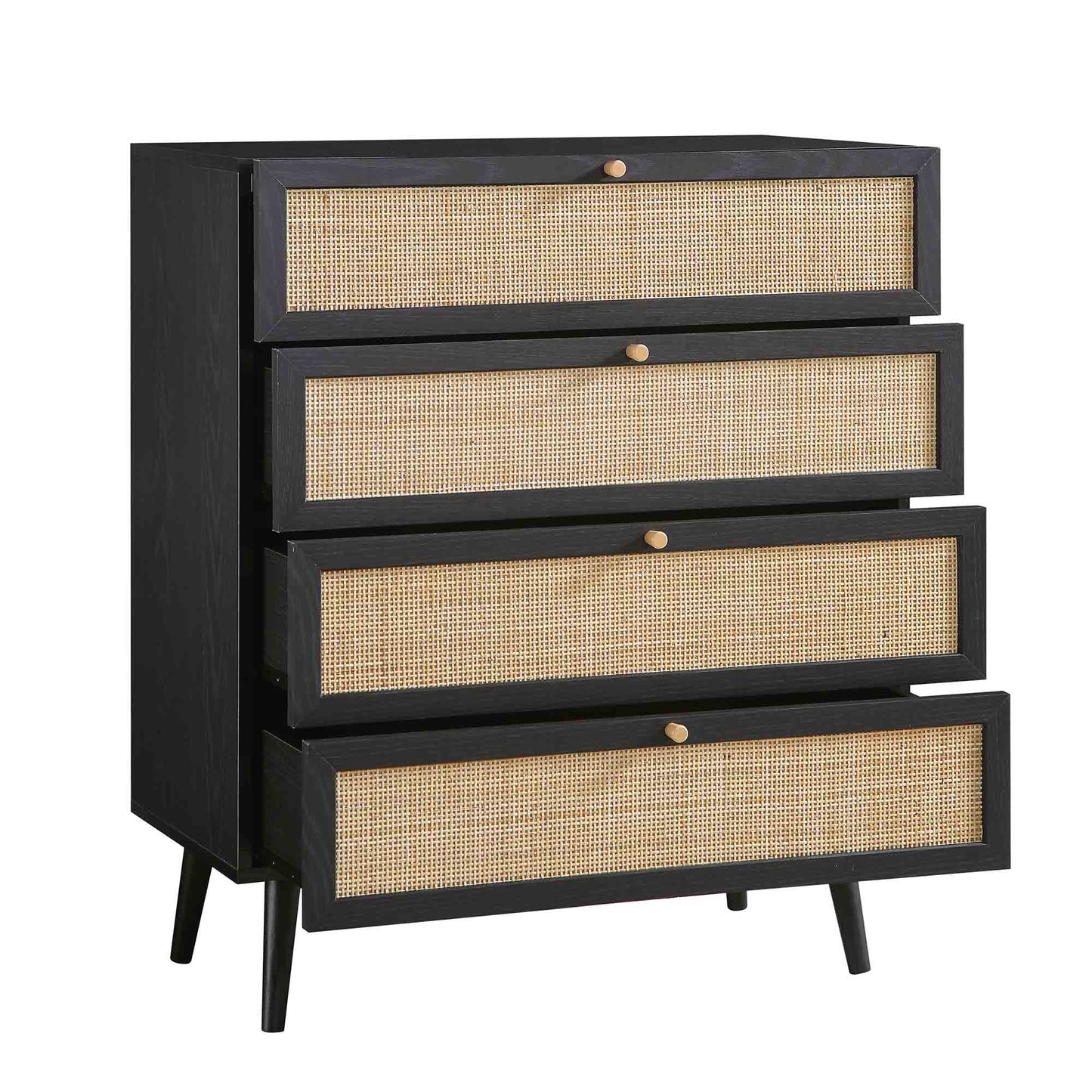 Commode haute à 4 tiroirs en rotin tressé Frances, noire