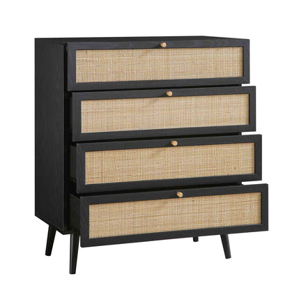 Commode haute à 4 tiroirs en rotin tressé Frances, noire