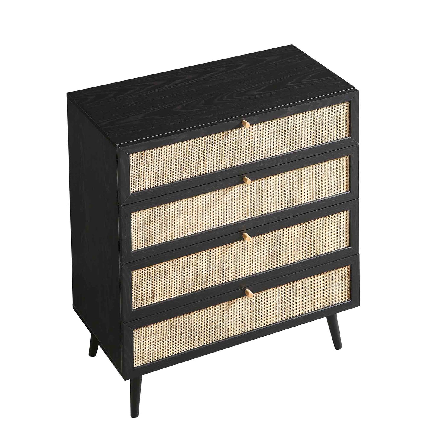 Commode haute à 4 tiroirs en rotin tressé Frances, noire