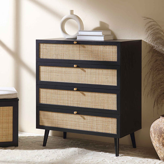 Commode haute à 4 tiroirs en rotin tressé Frances, noire