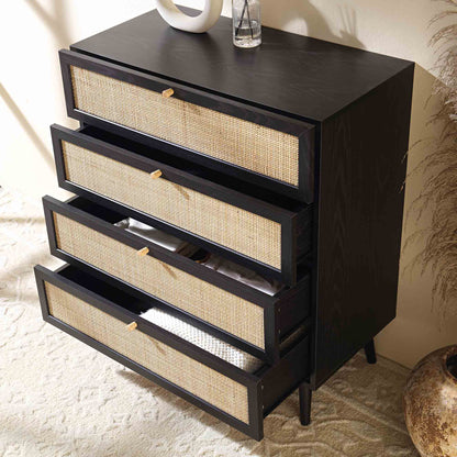 Commode haute à 4 tiroirs en rotin tressé Frances, noire