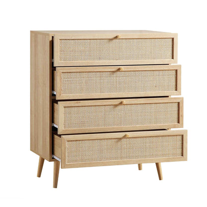 Commode haute à 4 tiroirs en rotin tressé Frances, naturel