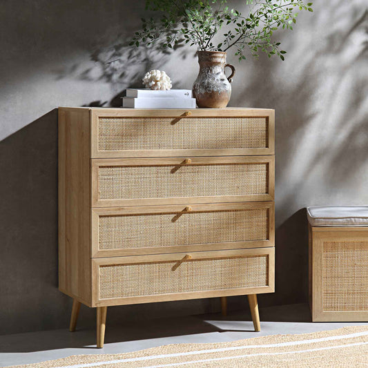 Commode haute à 4 tiroirs en rotin tressé Frances, naturel