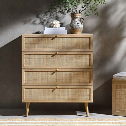 Commode haute à 4 tiroirs en rotin tressé Frances, naturel