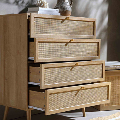 Commode haute à 4 tiroirs en rotin tressé Frances, naturel