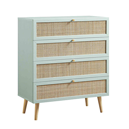 Commode haute à 4 tiroirs en rotin tressé Frances, menthe