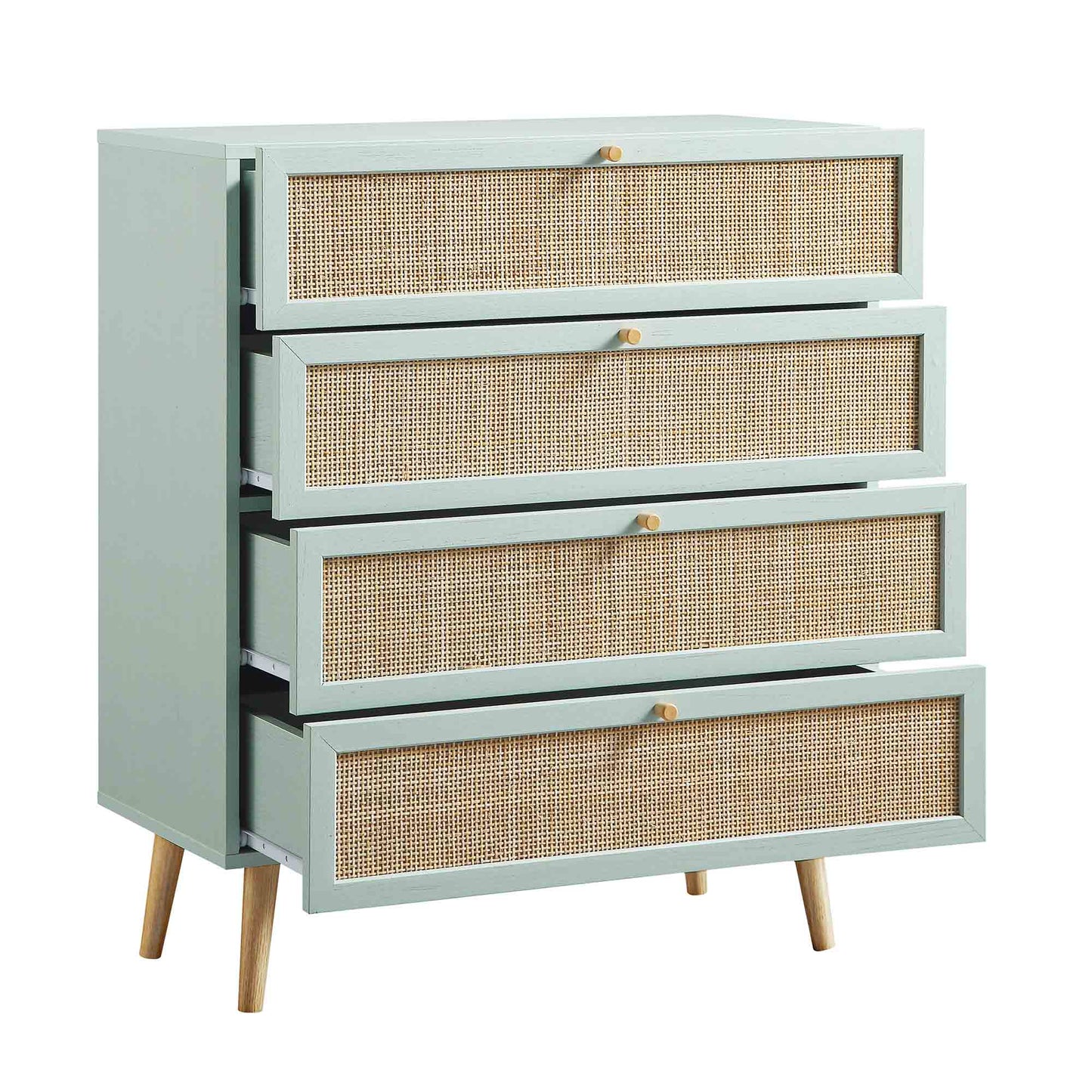 Commode haute à 4 tiroirs en rotin tressé Frances, menthe
