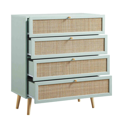 Commode haute à 4 tiroirs en rotin tressé Frances, menthe