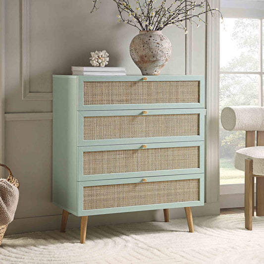 Commode haute à 4 tiroirs en rotin tressé Frances, menthe