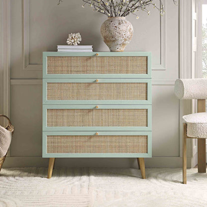 Commode haute à 4 tiroirs en rotin tressé Frances, menthe