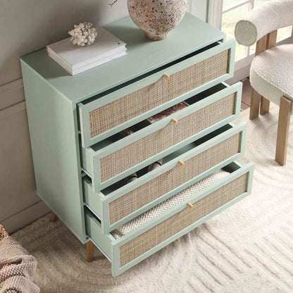 Commode haute à 4 tiroirs en rotin tressé Frances, menthe