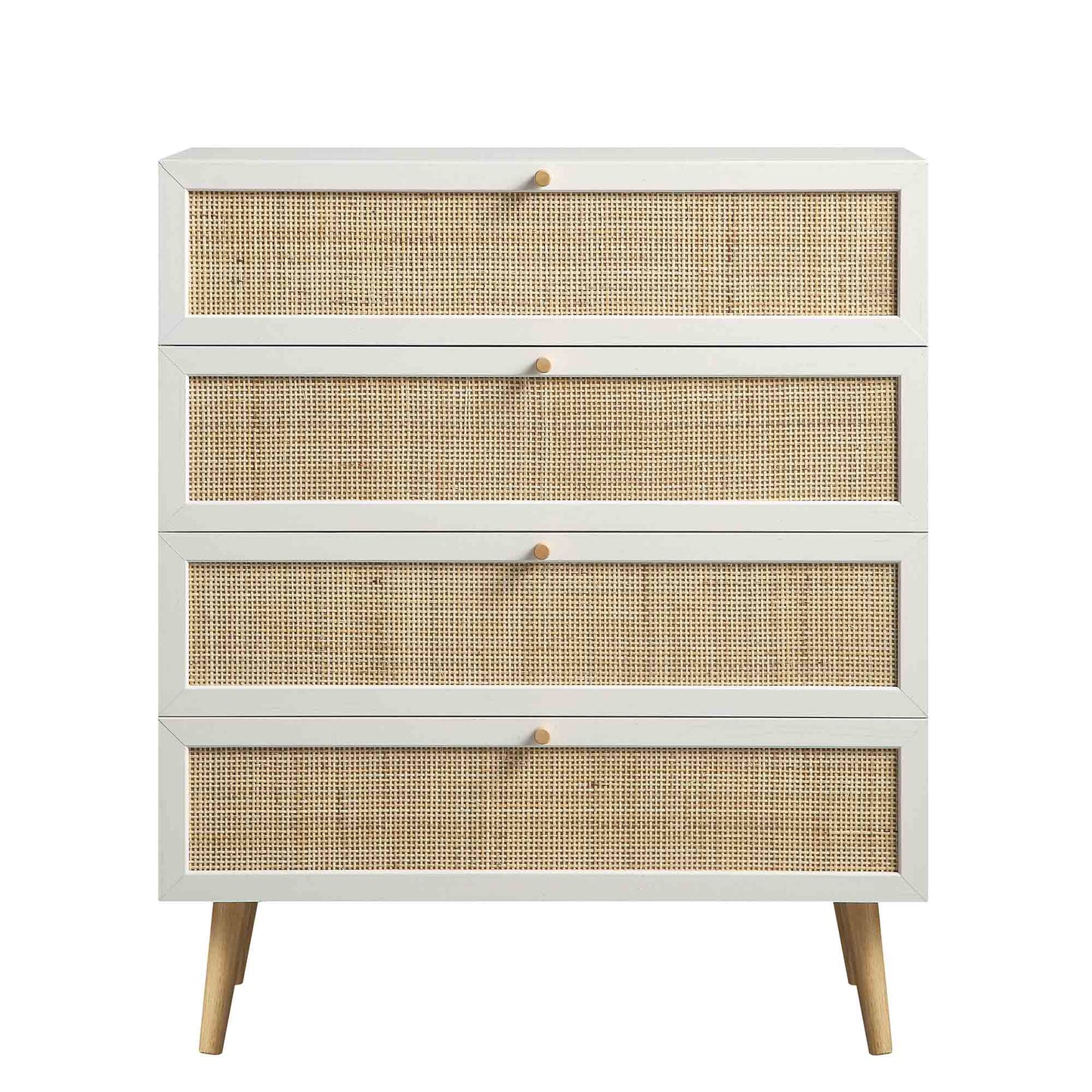 Commode haute à 4 tiroirs en rotin tressé Frances, blanche