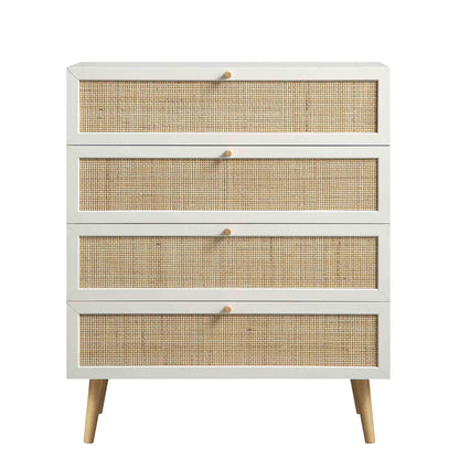 Commode haute à 4 tiroirs en rotin tressé Frances, blanche