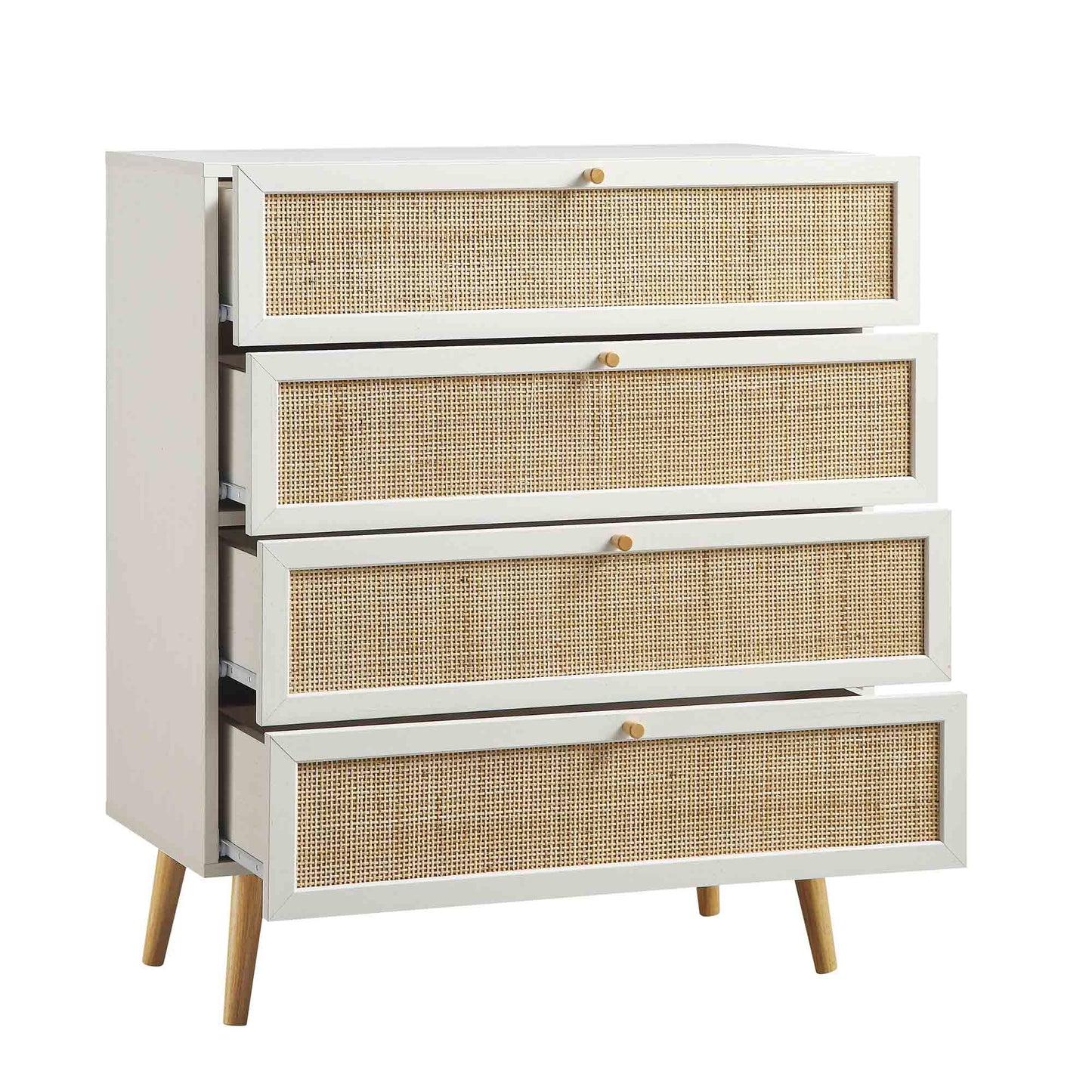 Commode haute à 4 tiroirs en rotin tressé Frances, blanche
