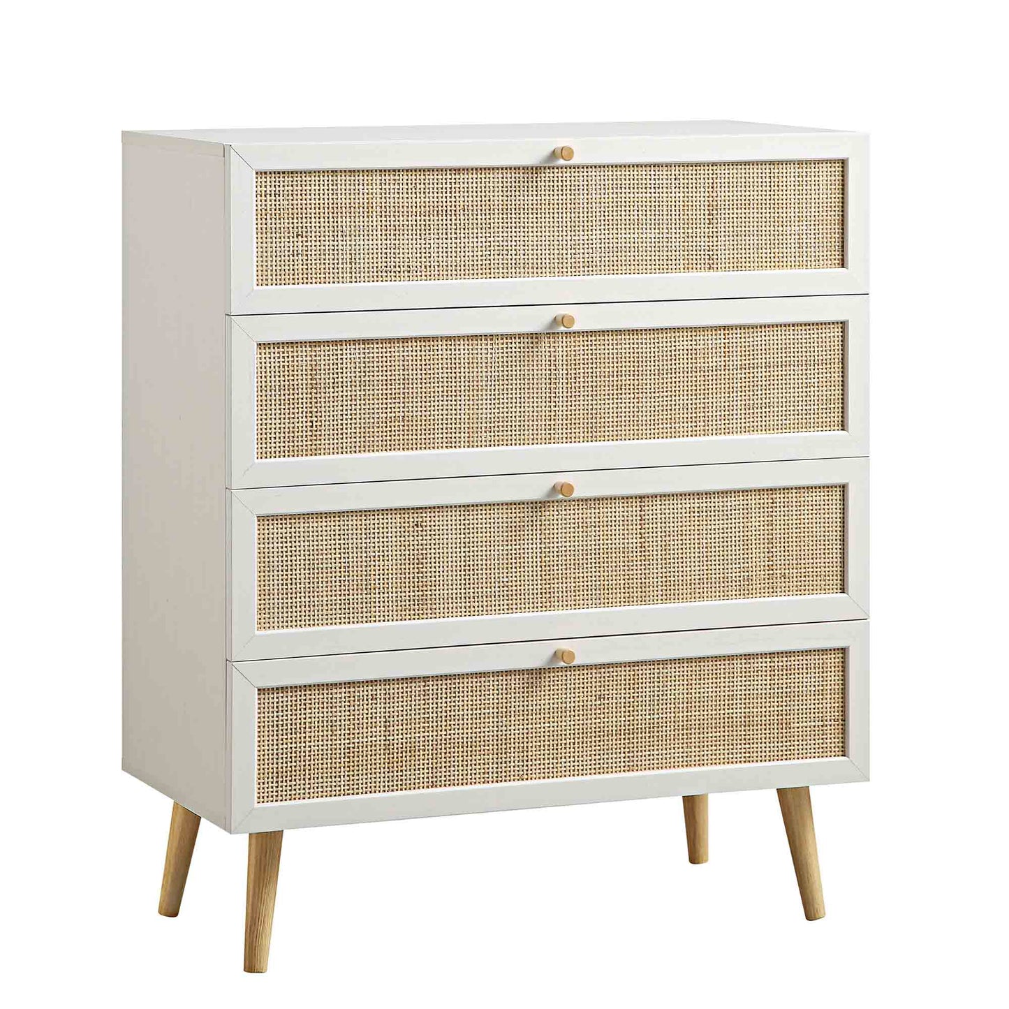 Commode haute à 4 tiroirs en rotin tressé Frances, blanche