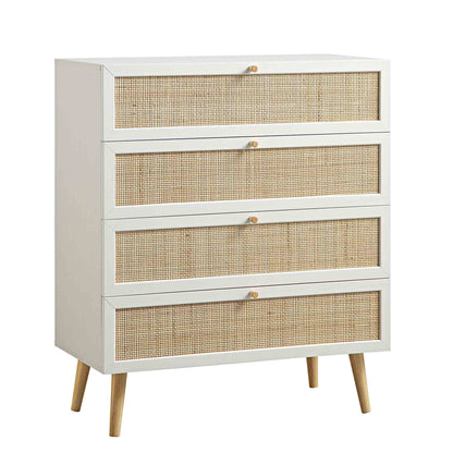 Commode haute à 4 tiroirs en rotin tressé Frances, blanche
