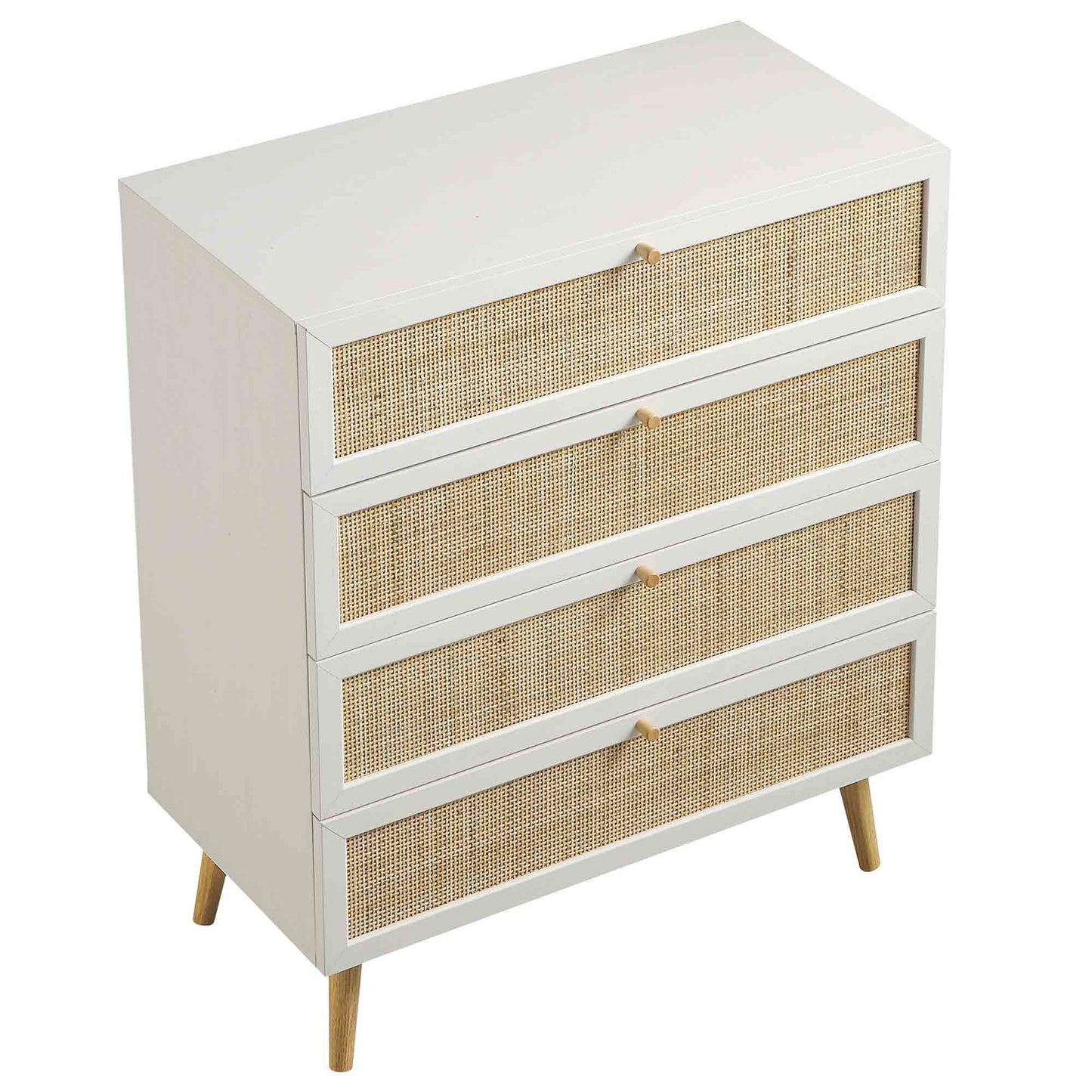 Commode haute à 4 tiroirs en rotin tressé Frances, blanche