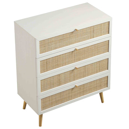 Commode haute à 4 tiroirs en rotin tressé Frances, blanche