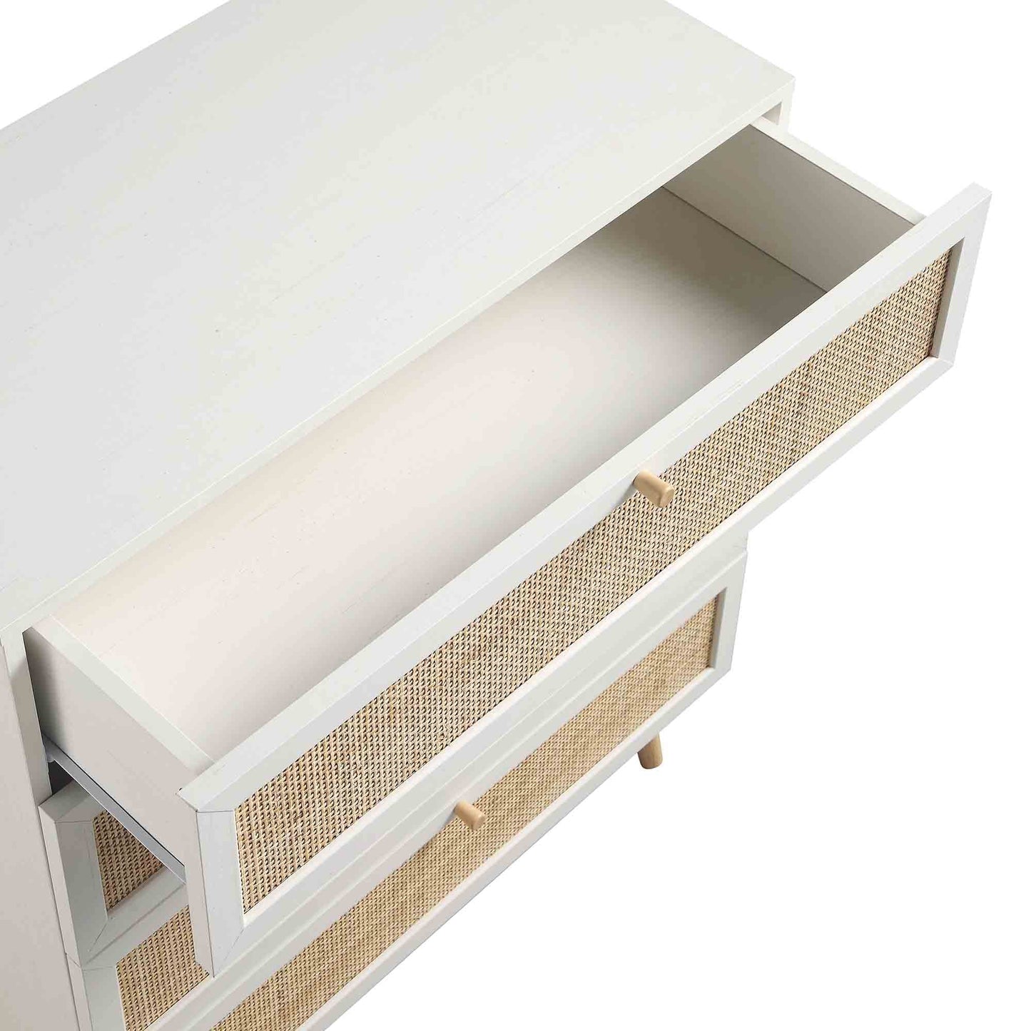 Commode haute à 4 tiroirs en rotin tressé Frances, blanche