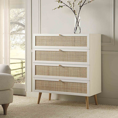 Commode haute à 4 tiroirs en rotin tressé Frances, blanche