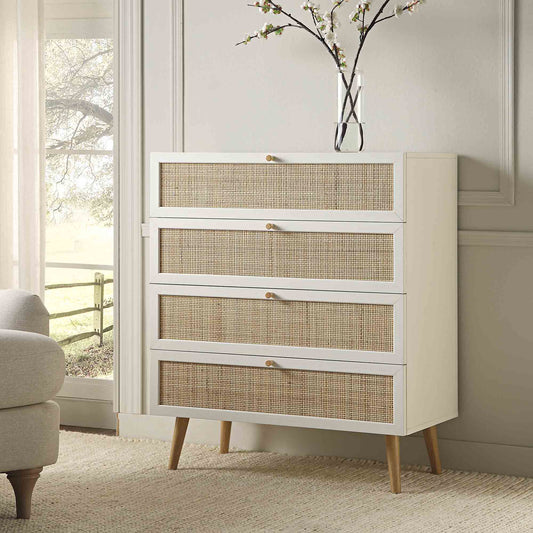 Commode haute à 4 tiroirs en rotin tressé Frances, blanche