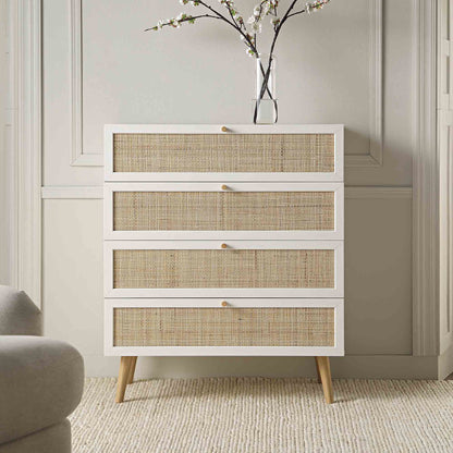 Commode haute à 4 tiroirs en rotin tressé Frances, blanche