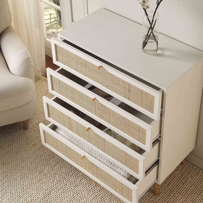 Commode haute à 4 tiroirs en rotin tressé Frances, blanche