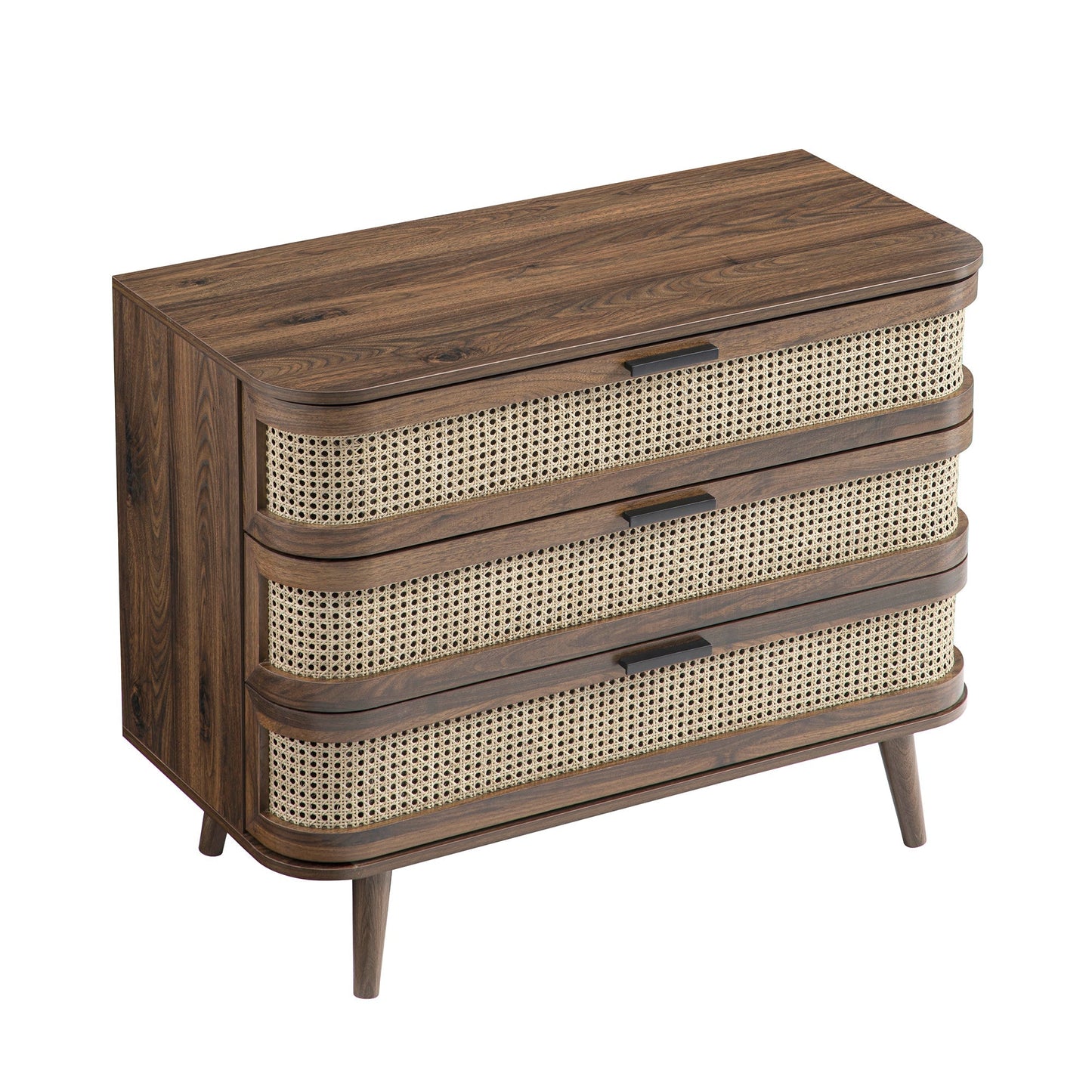 Commode 3 tiroirs en rotin courbé Izzy, noyer