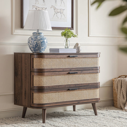 Commode 3 tiroirs en rotin courbé Izzy, noyer