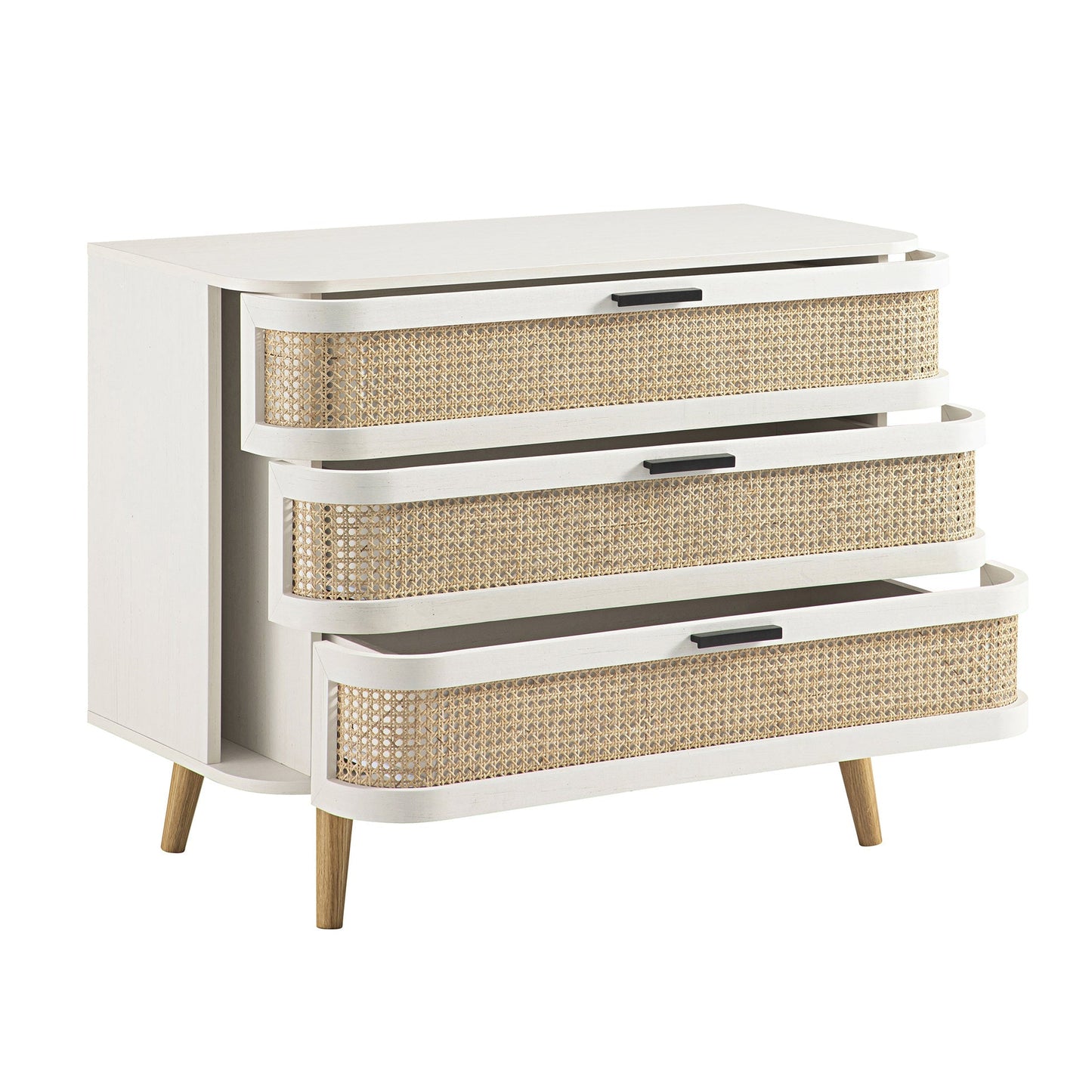 Commode 3 tiroirs Izzy en rotin courbé, blanche