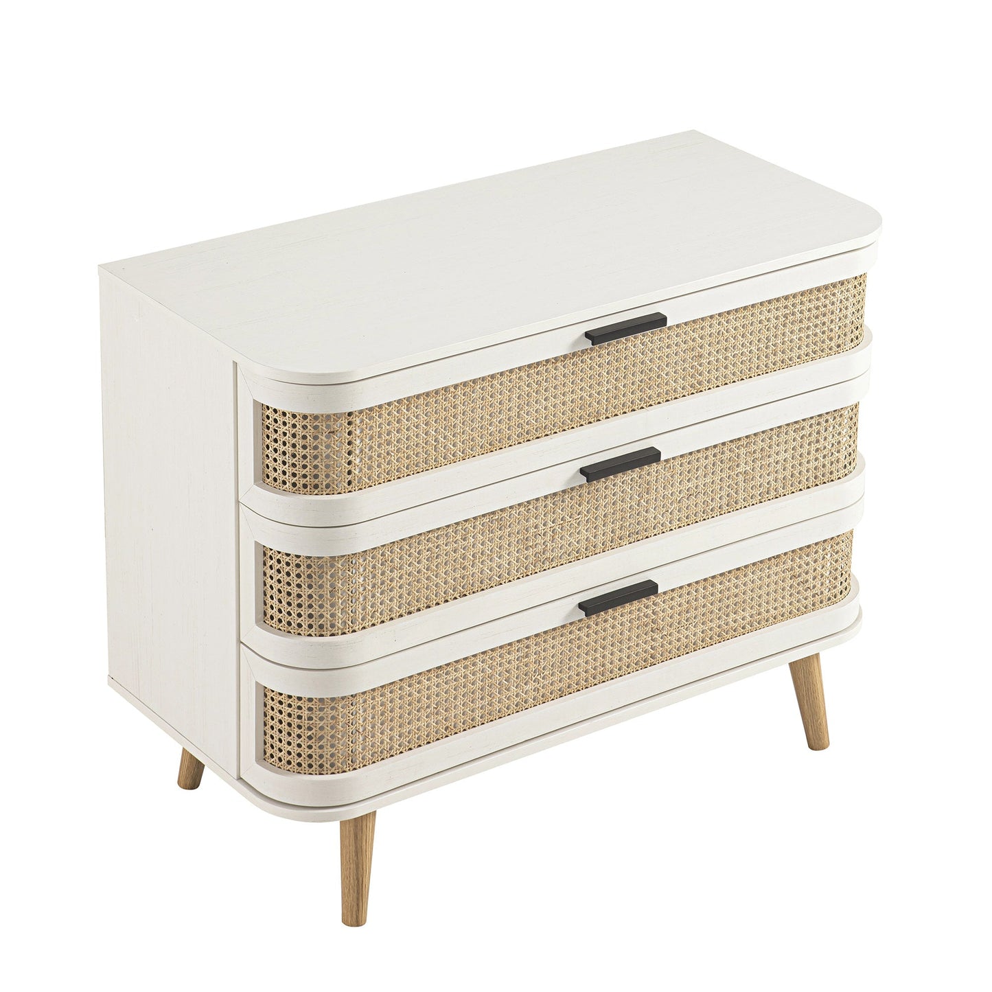 Commode 3 tiroirs Izzy en rotin courbé, blanche
