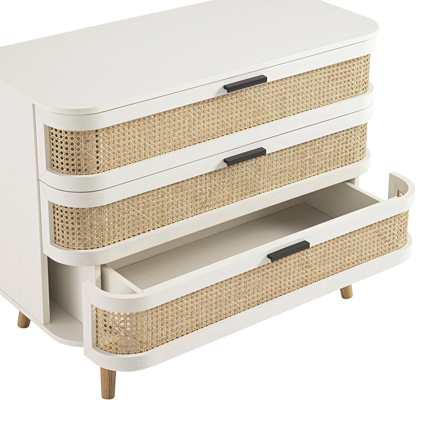 Commode 3 tiroirs Izzy en rotin courbé, blanche