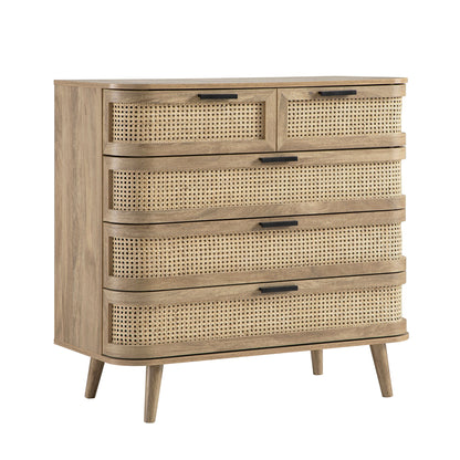 Commode 5 tiroirs Izzy en rotin courbé, naturel