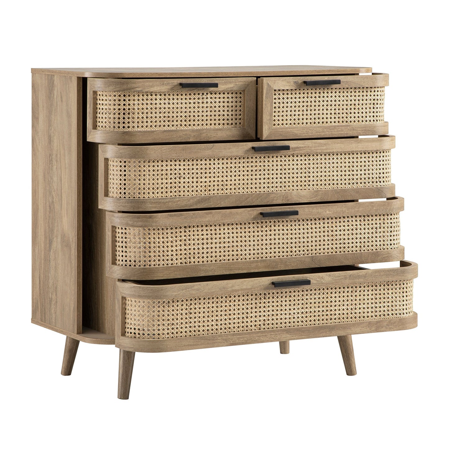 Commode 5 tiroirs Izzy en rotin courbé, naturel