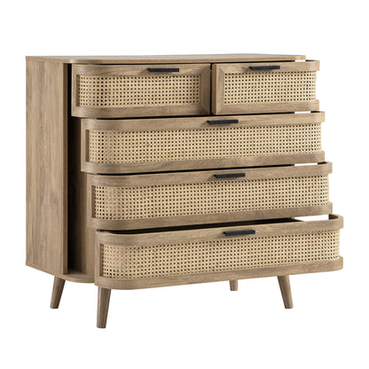 Commode 5 tiroirs Izzy en rotin courbé, naturel