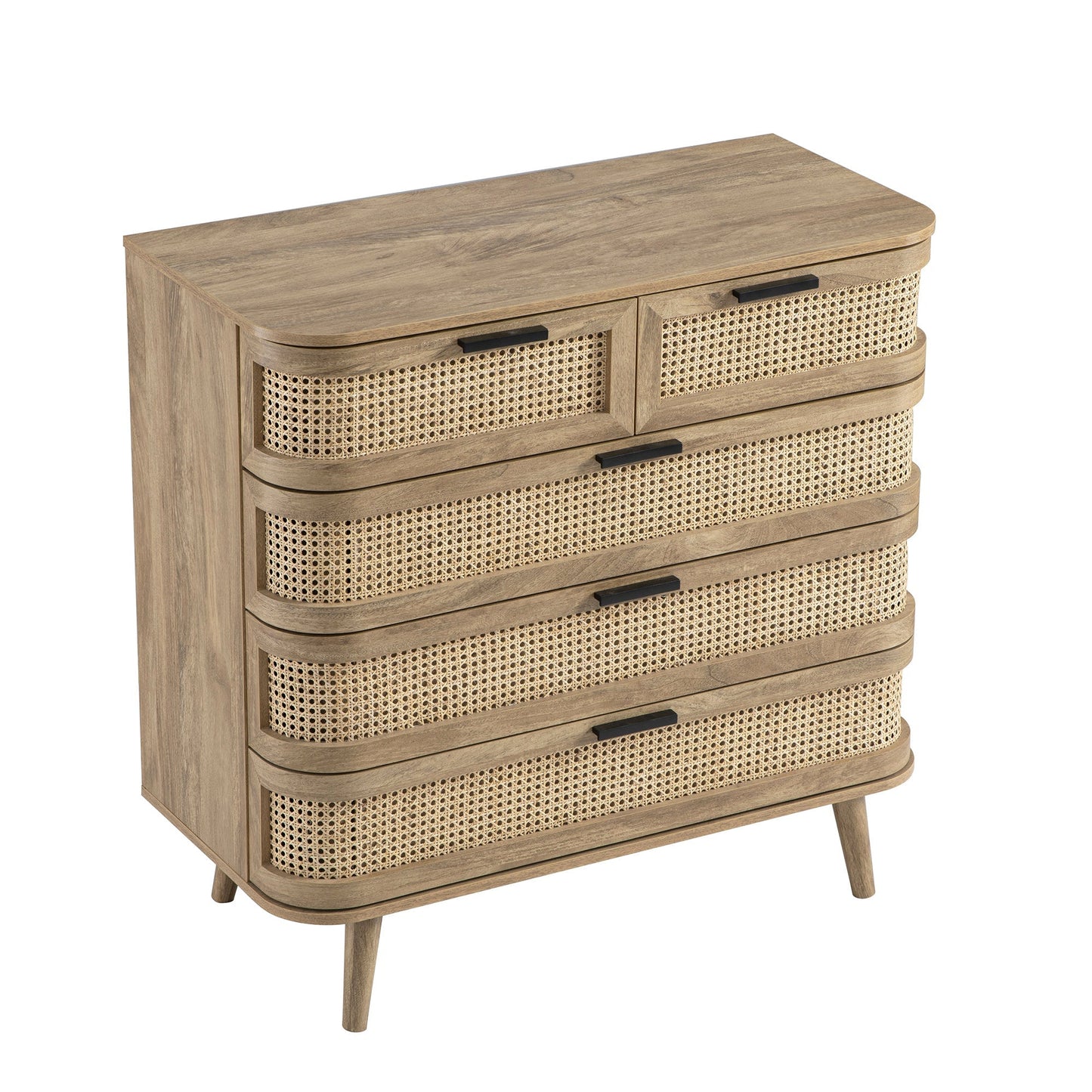 Commode 5 tiroirs Izzy en rotin courbé, naturel