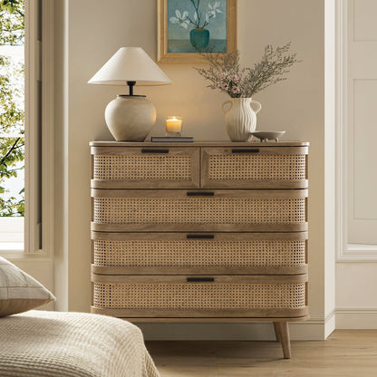 Commode 5 tiroirs Izzy en rotin courbé, naturel