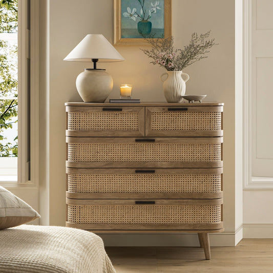 Commode 5 tiroirs Izzy en rotin courbé, naturel