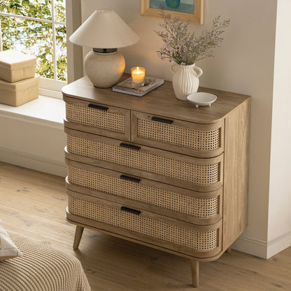 Commode 5 tiroirs Izzy en rotin courbé, naturel