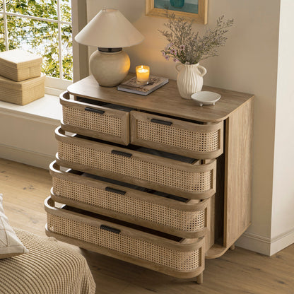 Commode 5 tiroirs Izzy en rotin courbé, naturel