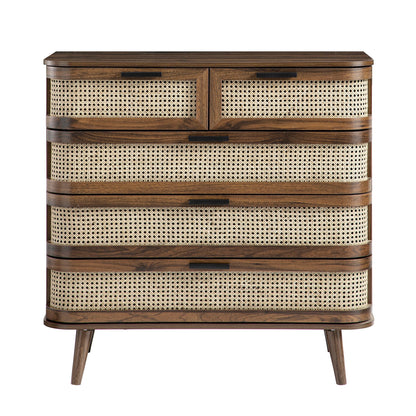 Commode 5 tiroirs en rotin courbé Izzy, noyer