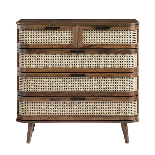 Commode 5 tiroirs en rotin courbé Izzy, noyer