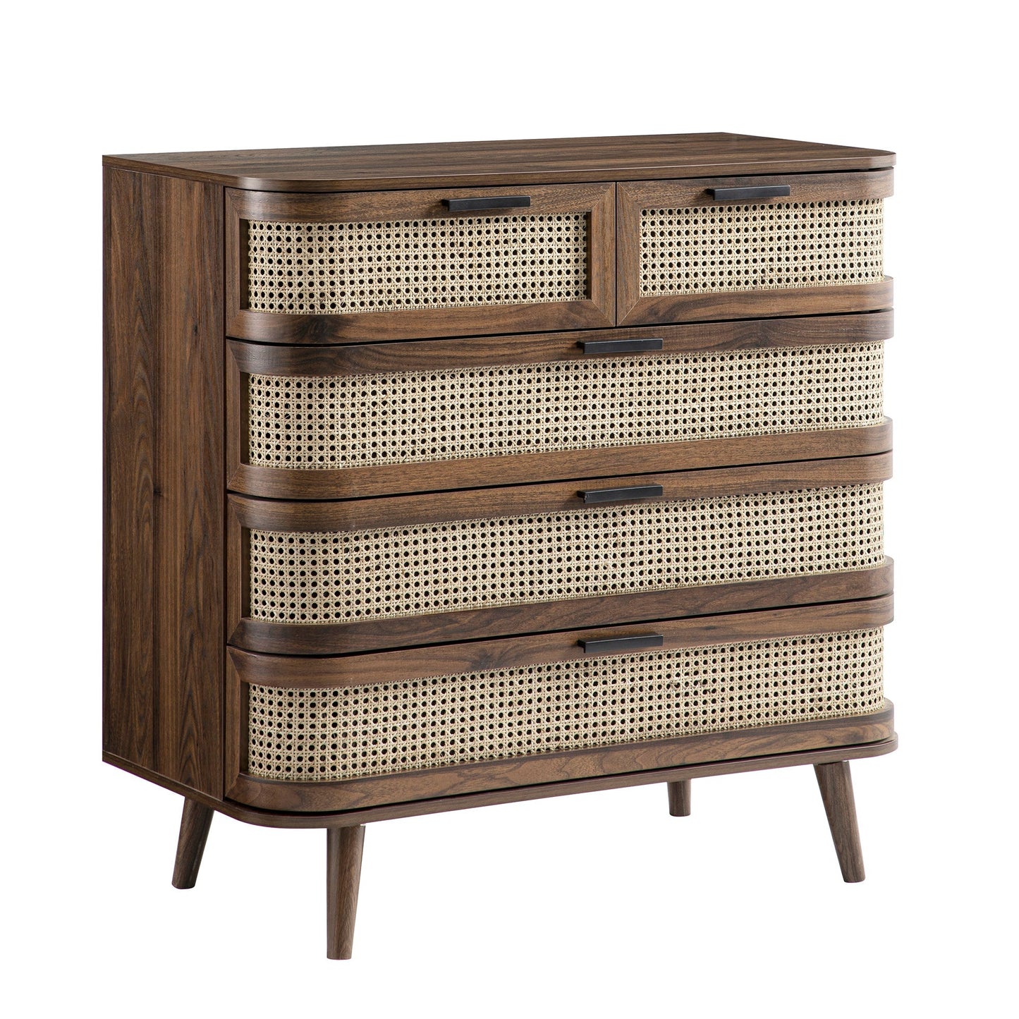 Commode 5 tiroirs en rotin courbé Izzy, noyer
