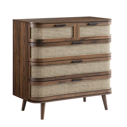 Commode 5 tiroirs en rotin courbé Izzy, noyer