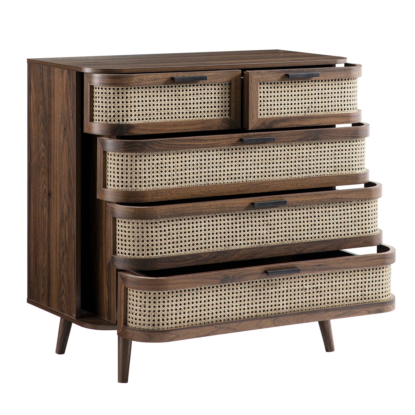 Commode 5 tiroirs en rotin courbé Izzy, noyer