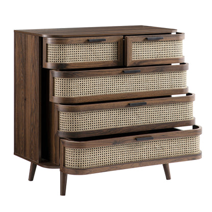 Commode 5 tiroirs en rotin courbé Izzy, noyer